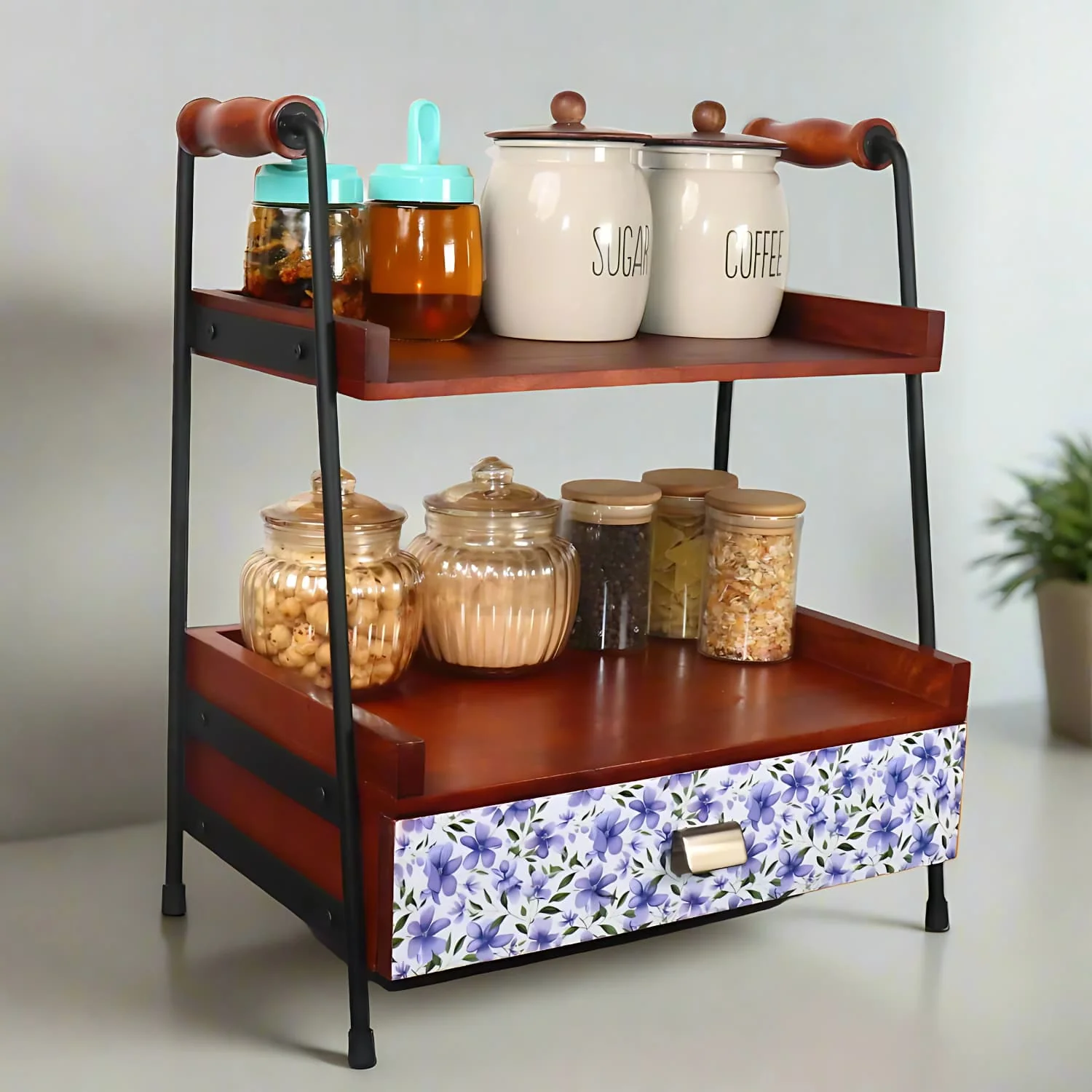 loosebucket®The Whispering Petals Wooden Kitchen Organizer| living area Versatile Organizer |Spice rack| Grocery organizer for kitchen