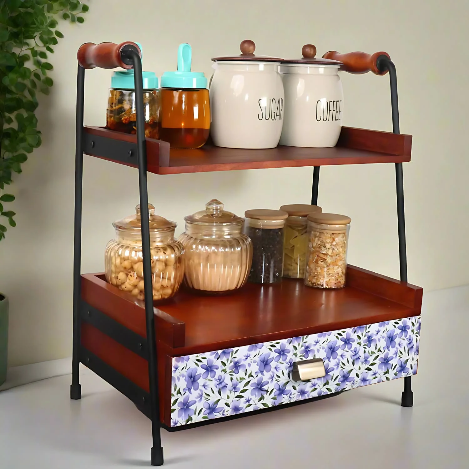 loosebucket®The Whispering Petals Wooden Kitchen Organizer| living area Versatile Organizer |Spice rack| Grocery organizer for kitchen