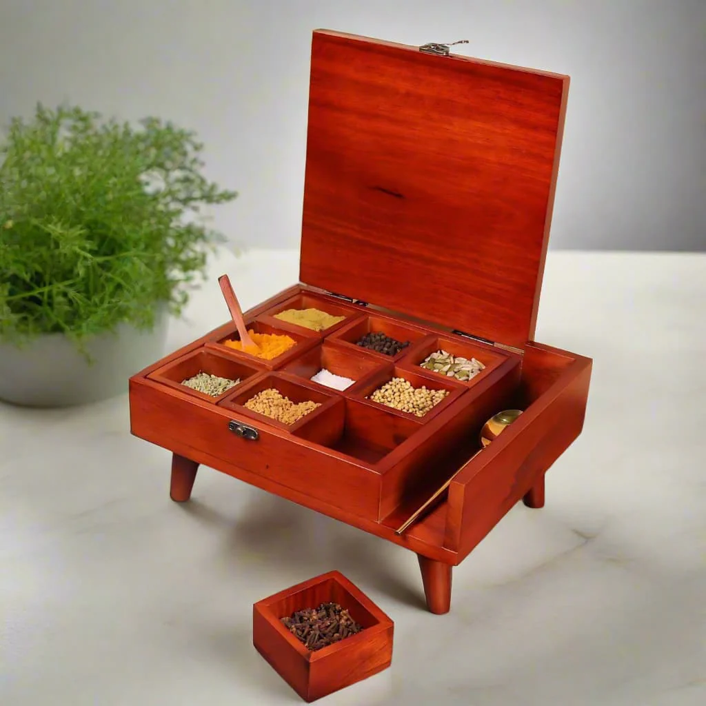 The Brownie Wooden Spice Box in 9 partitions with Legs