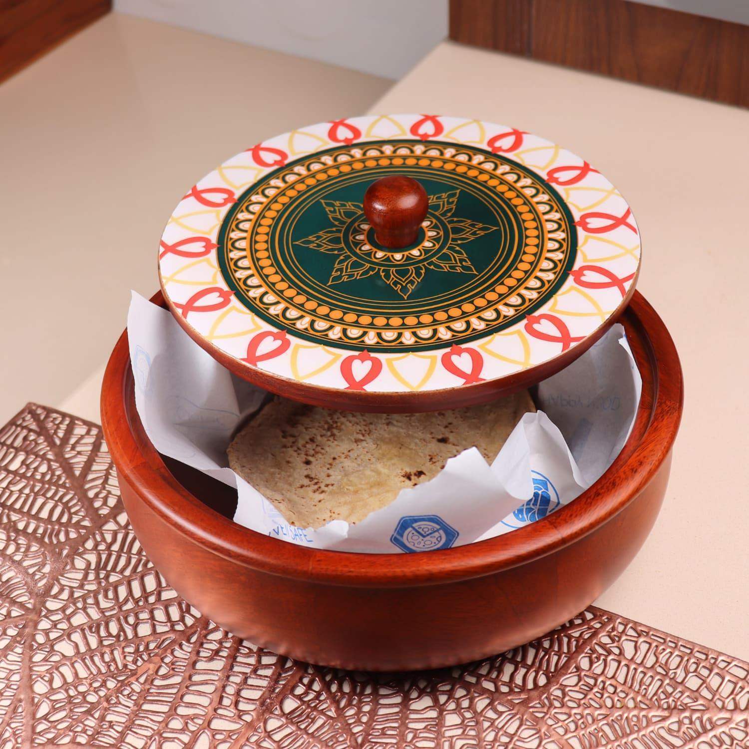 loosebucket®Mandala Magic Chapati Box Wooden Chapati Box | wooden Casserole| Roti Box with lid for kitchen
