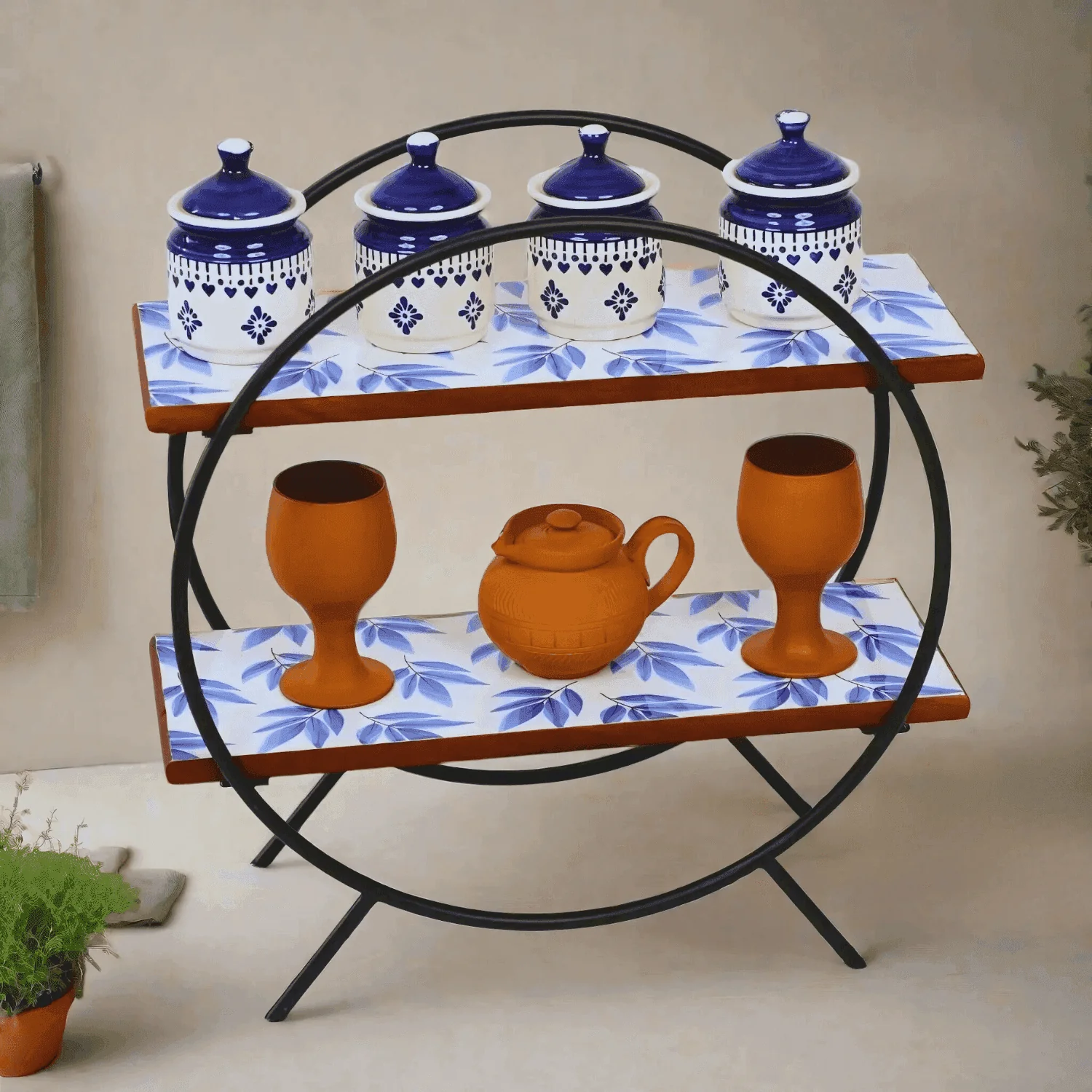 loosebucket®Circular Blue Doodle Wooden kitchen organizer |Spice rack| Grocery organizer for kitchen