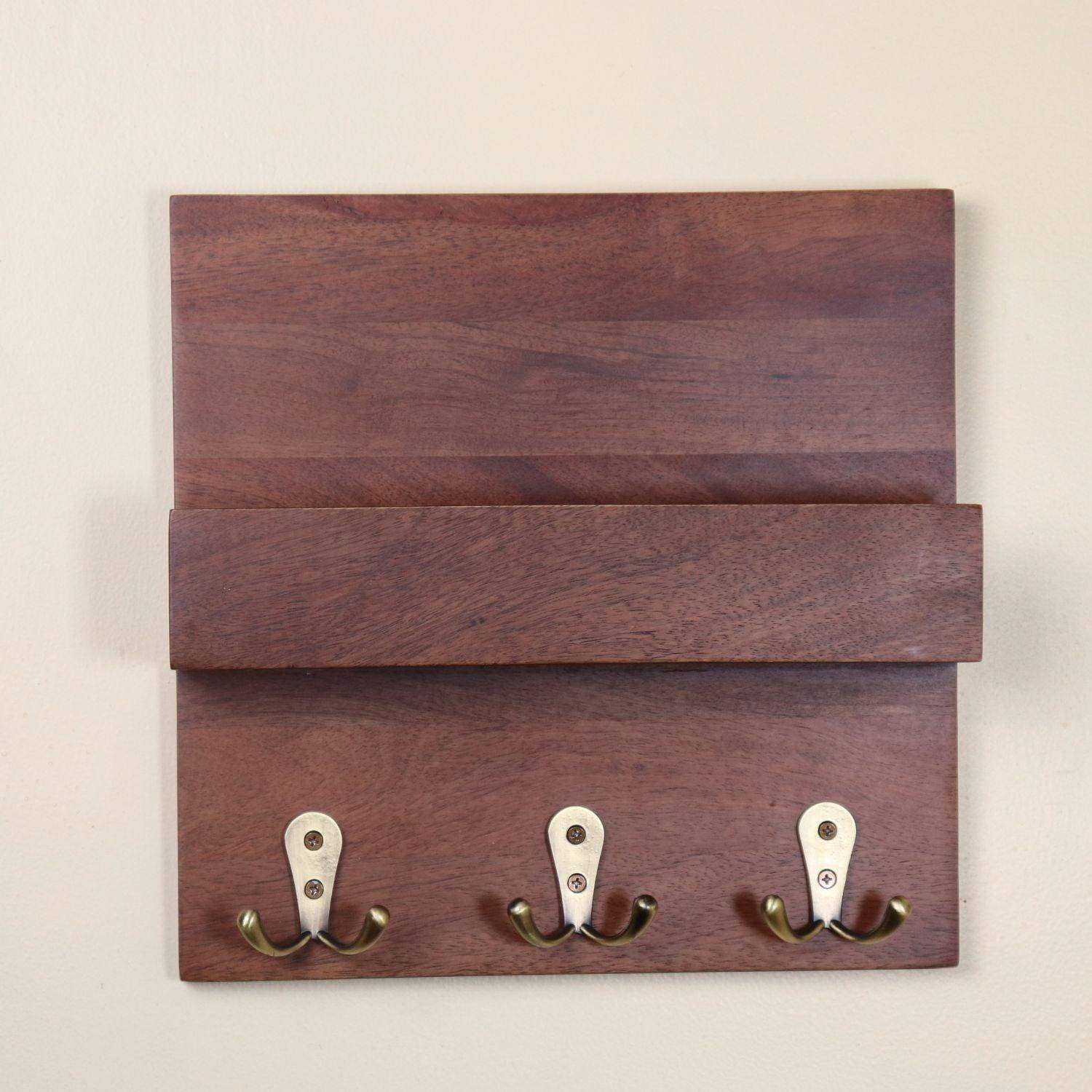 Wooden Key Holder with big Brass Hooks