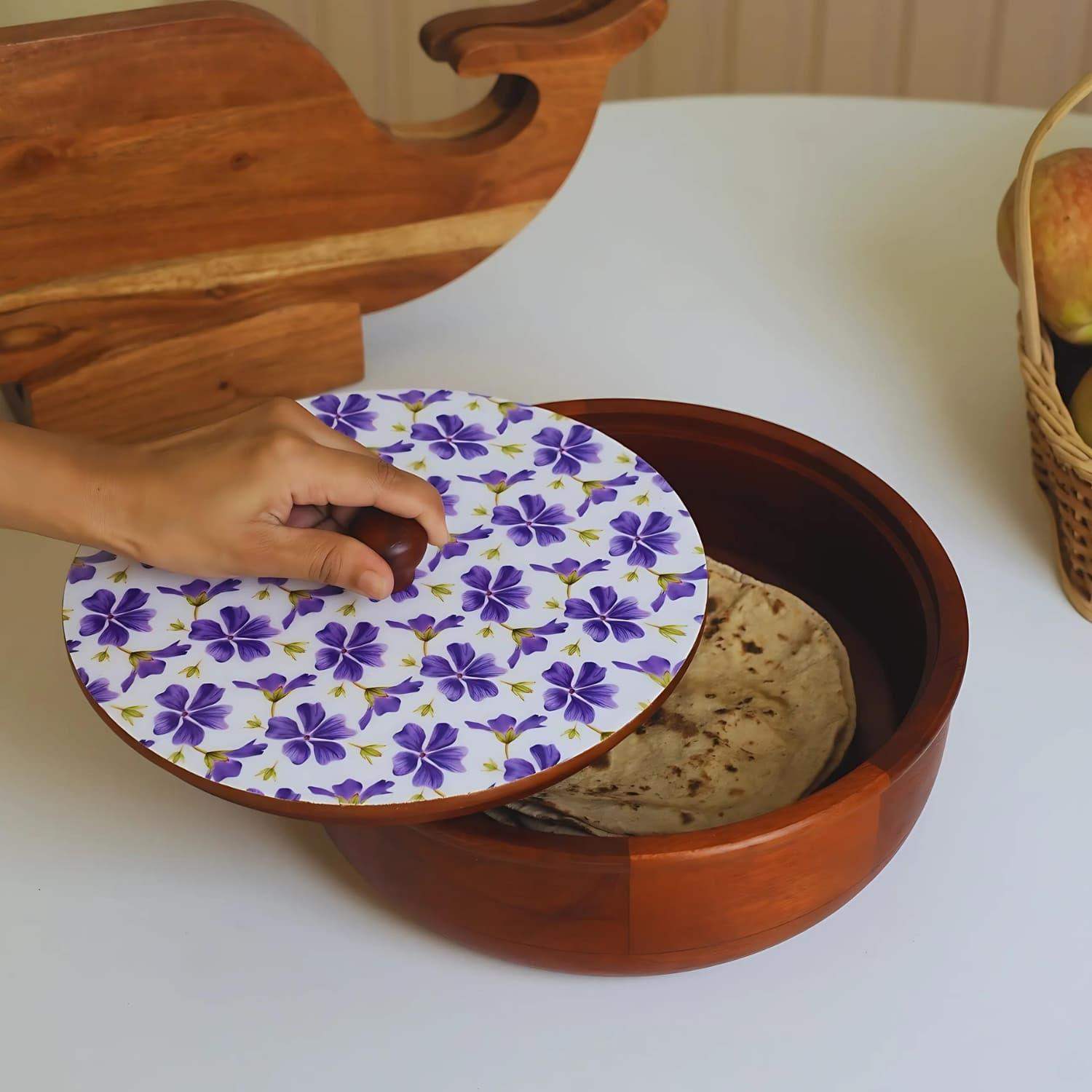 loosebucket®Purple petal wooden chapati box Wooden Chapati Box | wooden Casserole| Roti Box with lid for kitchen