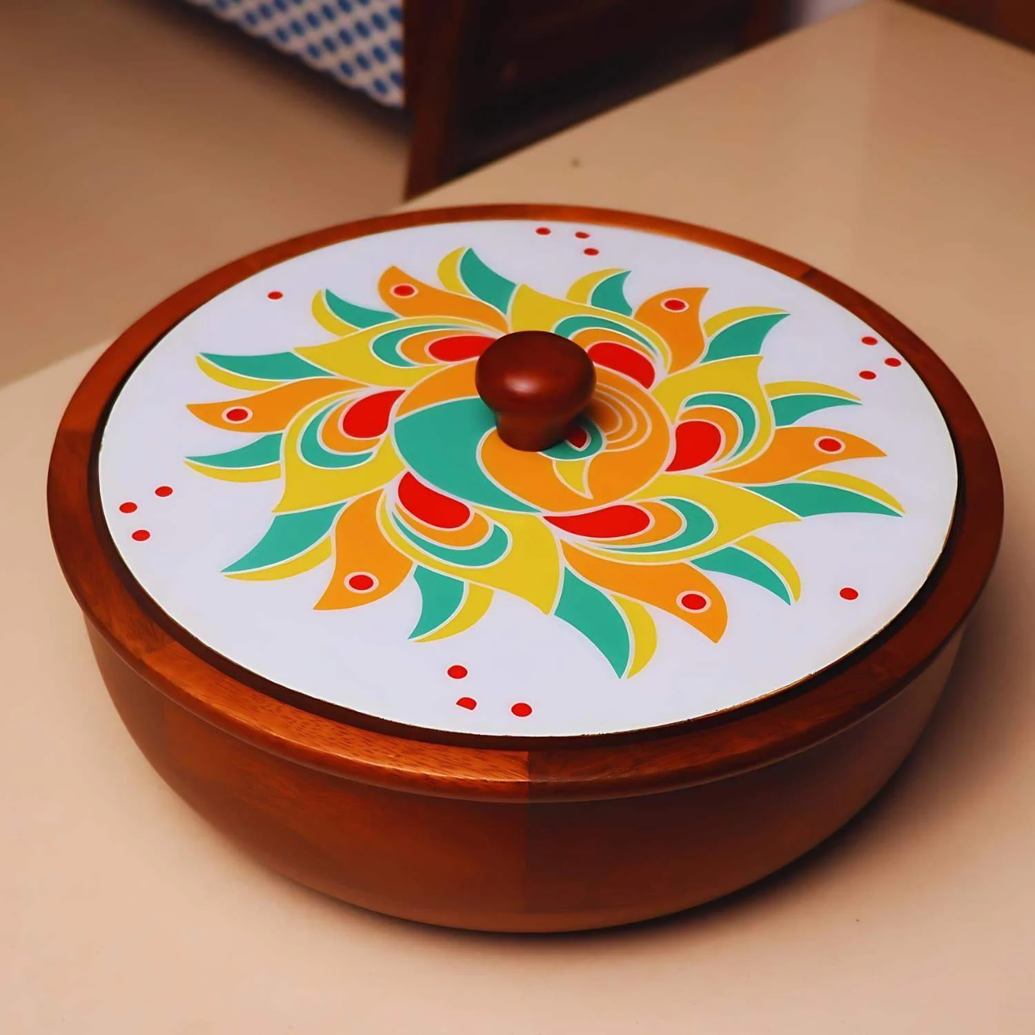loosebucket®Rangoli Wooden Chapati Box Wooden Chapati Box | wooden Casserole| Roti Box with lid for kitchen