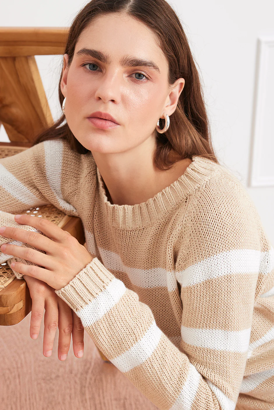 Stripe Sloane Crewneck in Sand Dune