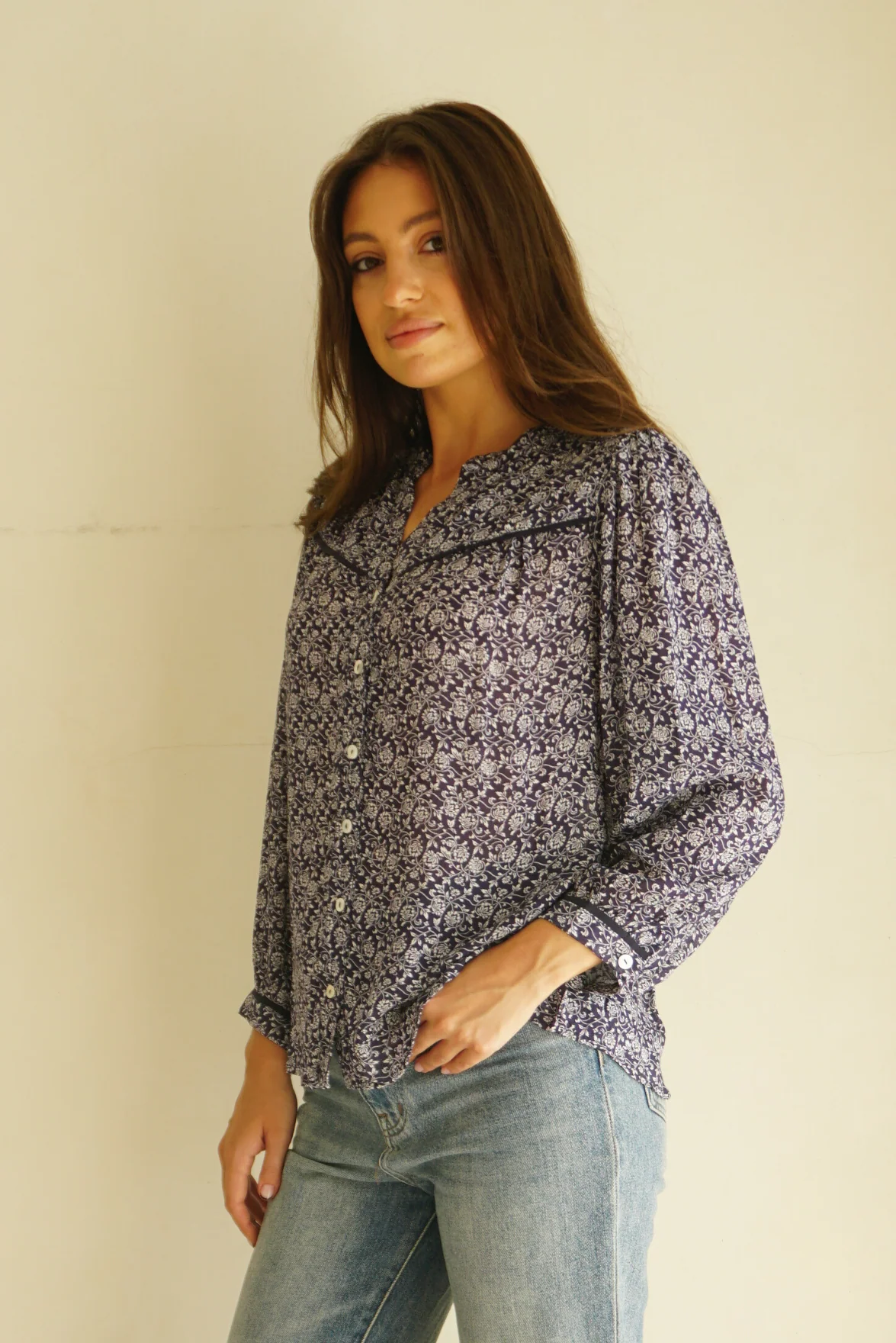 Anna Shirt in Navy Vines Print