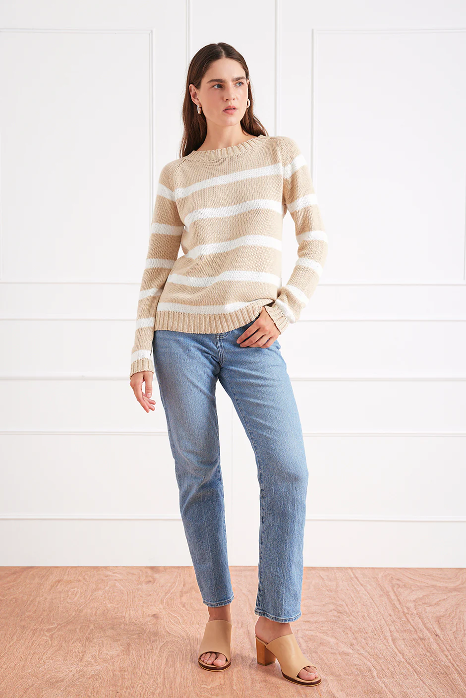 Stripe Sloane Crewneck in Sand Dune