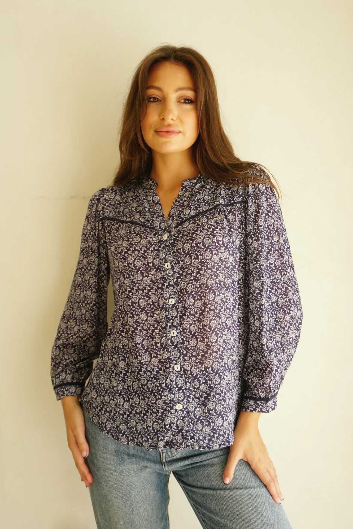 Anna Shirt in Navy Vines Print