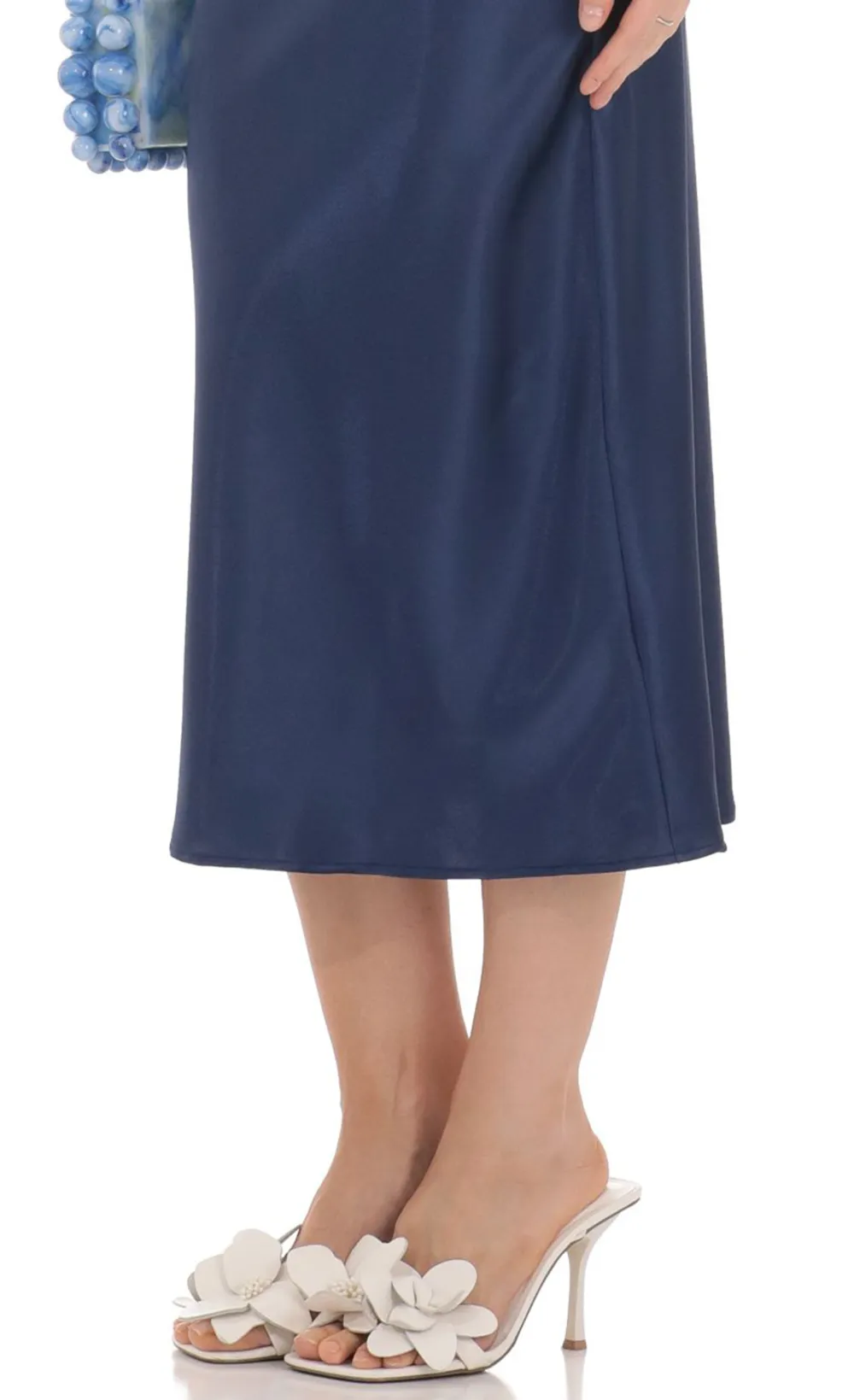 Satin Open Back Midi Dress in Navy