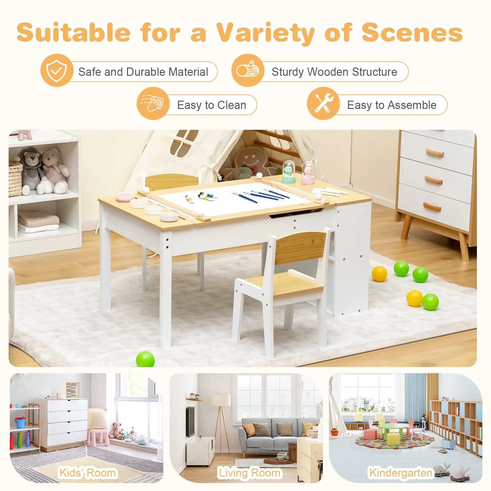 Kids Table and Chairs Set, 2 in 1 Wooden Art Table & Easel Set for Children with 2 Chairs