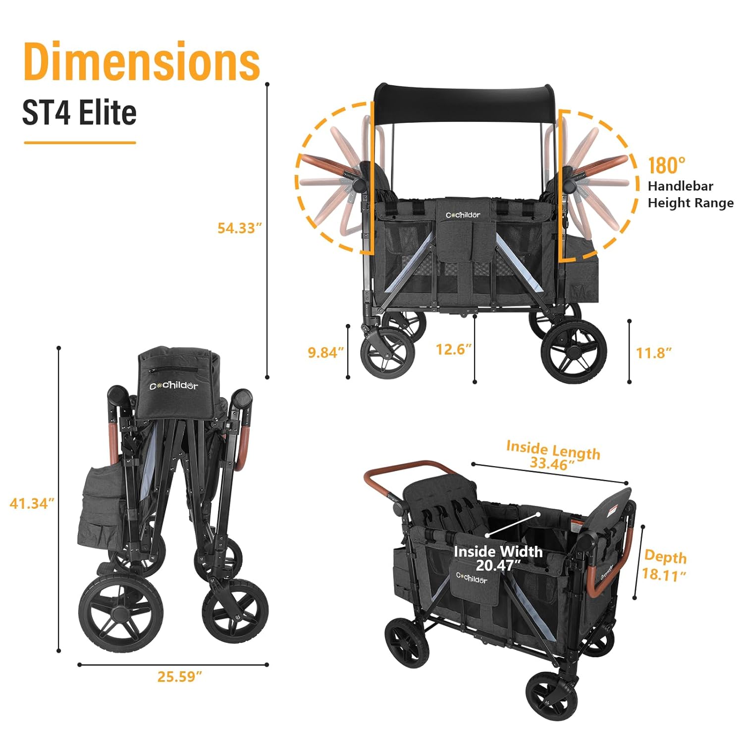 All-Terrain 4 Seater Wagon Stroller for Kids - Heavy-Duty 300lb Capacity, One-Hand Fold Design, High Seats with 5-Point Harness, Adjustable Canopy and Handlebars, Light Grey