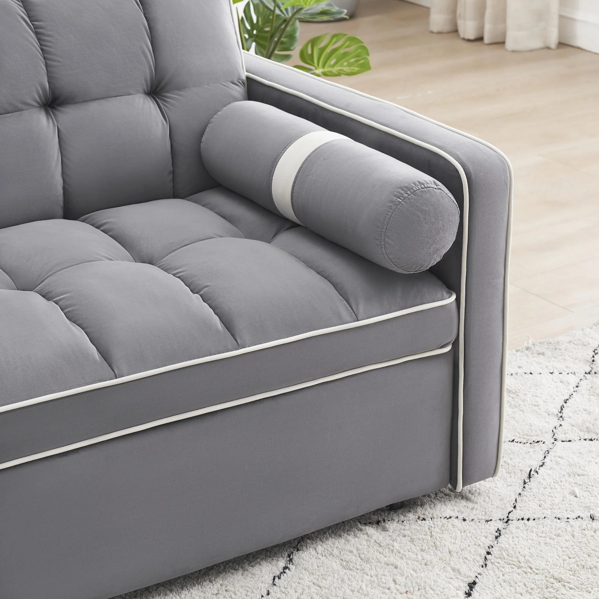 3 in 1 Sleeper Sofa Couch Bed,Small Tufted Velvet Convertible Loveseat Futon Sofa w/Pullout Bed,Adjustable Backrest,Cylinder Pillows,Multi-Pockets,Phone Holder for Living Room Apartment,Grey,55.5