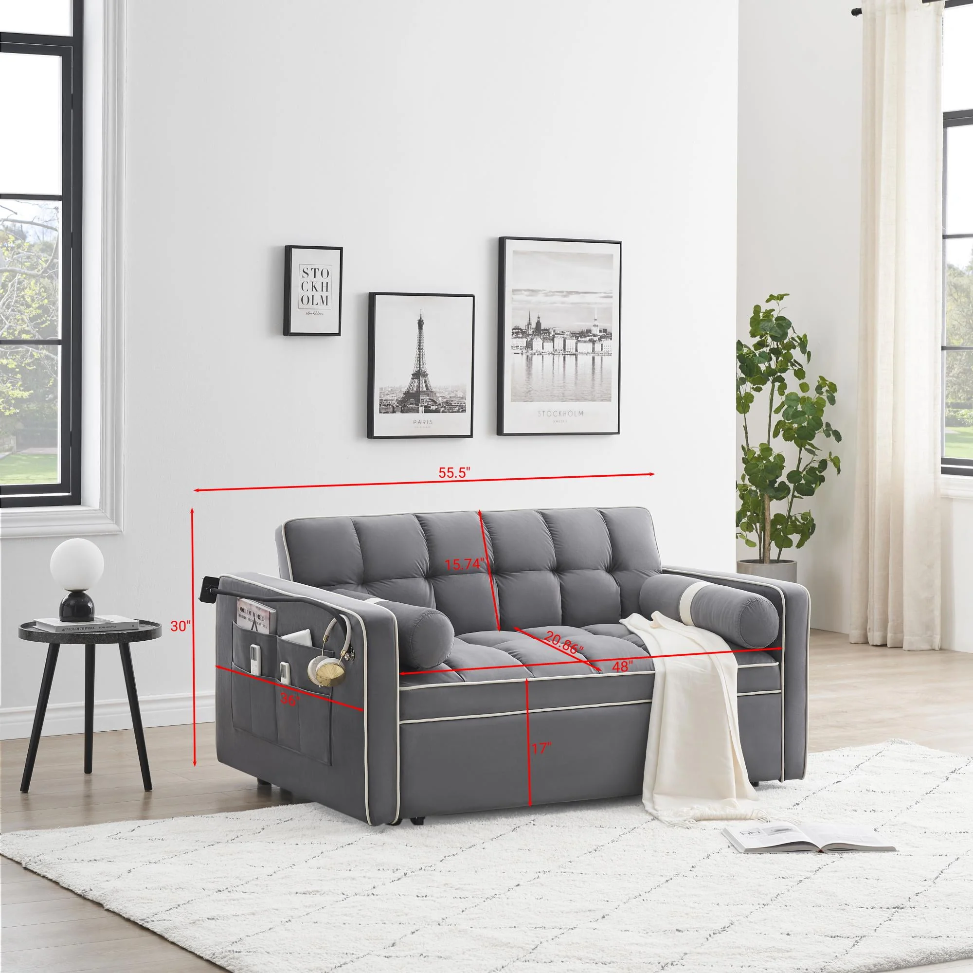 3 in 1 Sleeper Sofa Couch Bed,Small Tufted Velvet Convertible Loveseat Futon Sofa w/Pullout Bed,Adjustable Backrest,Cylinder Pillows,Multi-Pockets,Phone Holder for Living Room Apartment,Grey,55.5