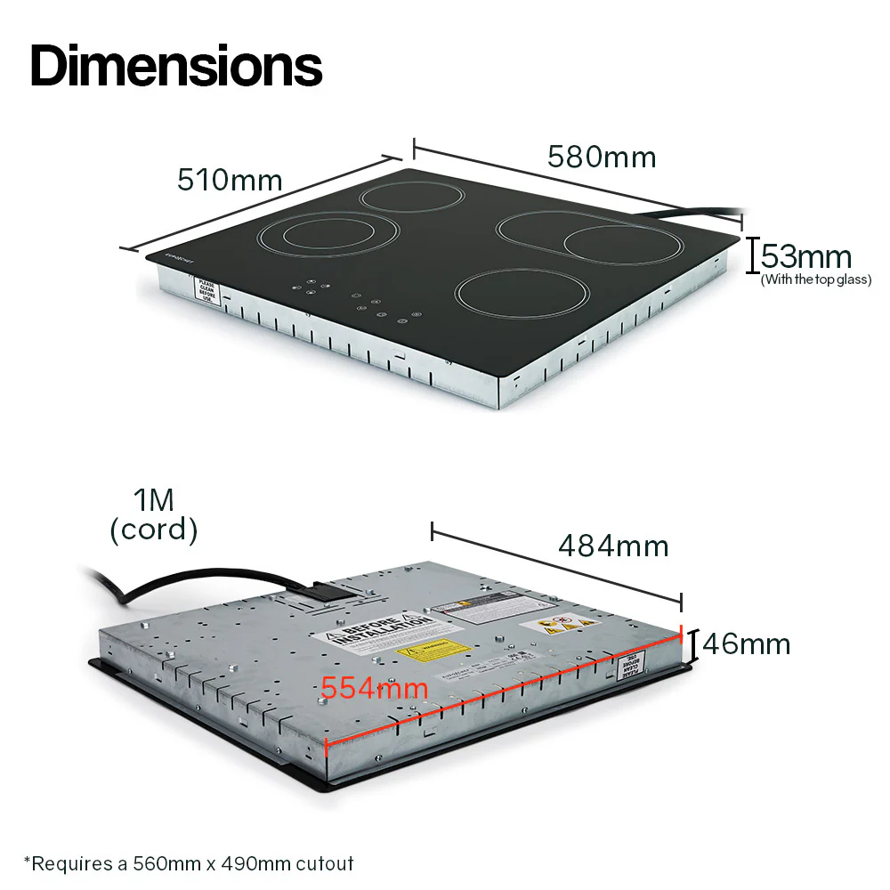 EuroChef 60cm Ceramic Cooktop 4 6 Zone Electric Glass Burner Top Flat Kitchen