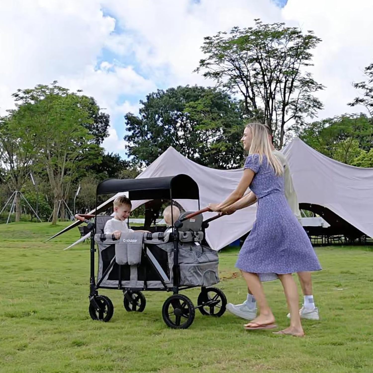 All-Terrain 4 Seater Wagon Stroller for Kids - Heavy-Duty 300lb Capacity, One-Hand Fold Design, High Seats with 5-Point Harness, Adjustable Canopy and Handlebars, Light Grey