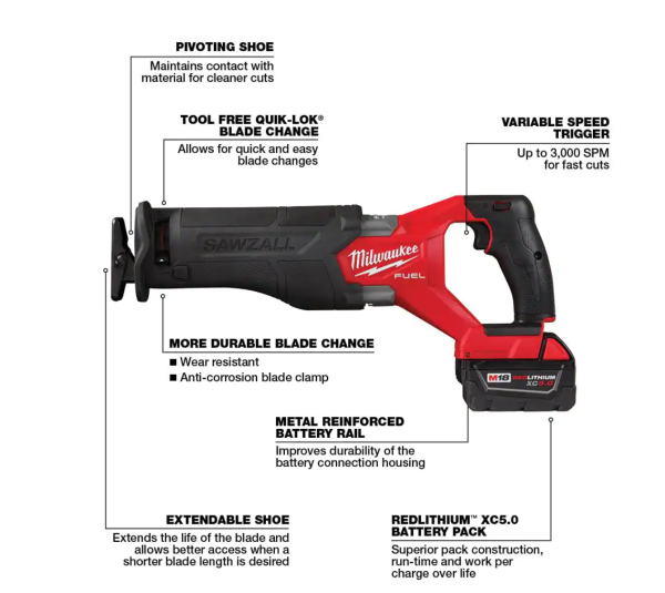 2821-21 M18  18V Lithium-Ion Brushless Cordless  Reciprocating Saw Kit W/one 5.0 Ah Batteries, Charger and Case