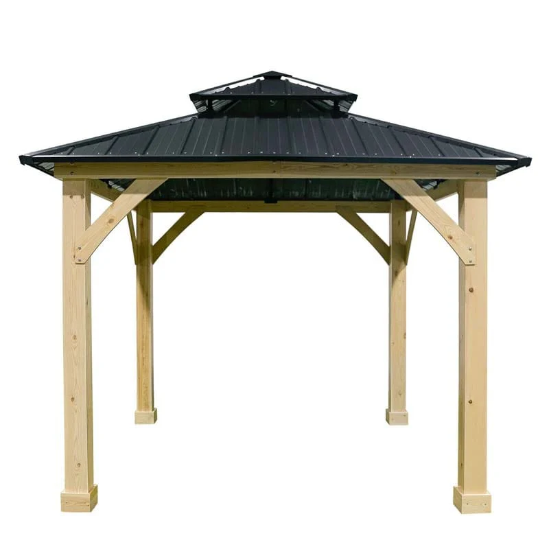 10 x 10 FT Outdoor Patio Hardtop Gazebo with Wood Frame & 2-Tier Metal Roof, All-Weather Gazebo Pergolas Shelter