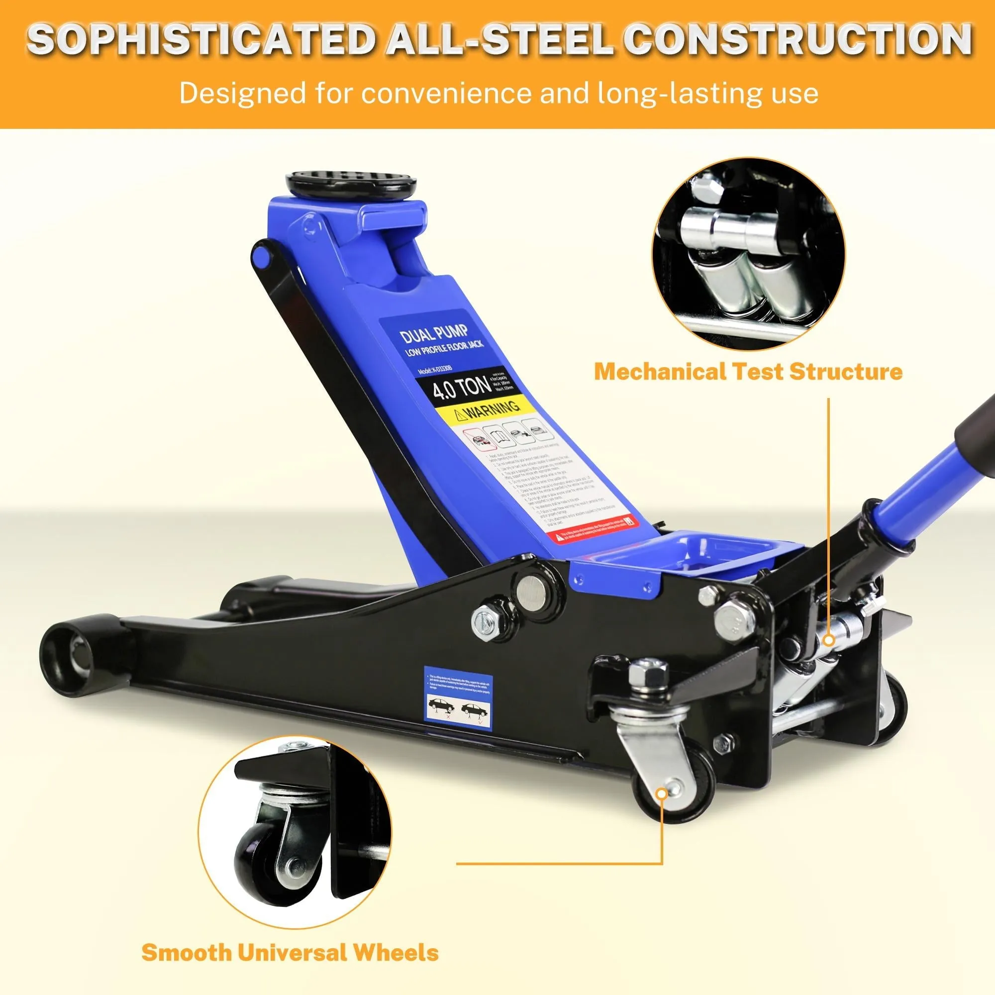 4-Ton Floor Jack, Low Profile Car Jack, Heavy-Duty Trolley Jack Car Lift with Dual Pump Pistons, Lifting Range 4
