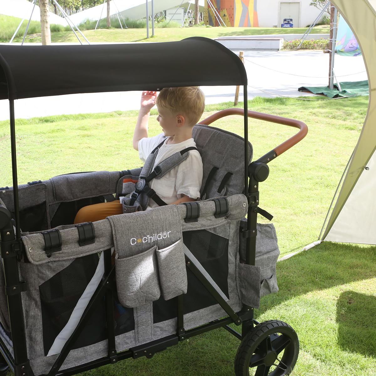 All-Terrain 4 Seater Wagon Stroller for Kids - Heavy-Duty 300lb Capacity, One-Hand Fold Design, High Seats with 5-Point Harness, Adjustable Canopy and Handlebars, Light Grey