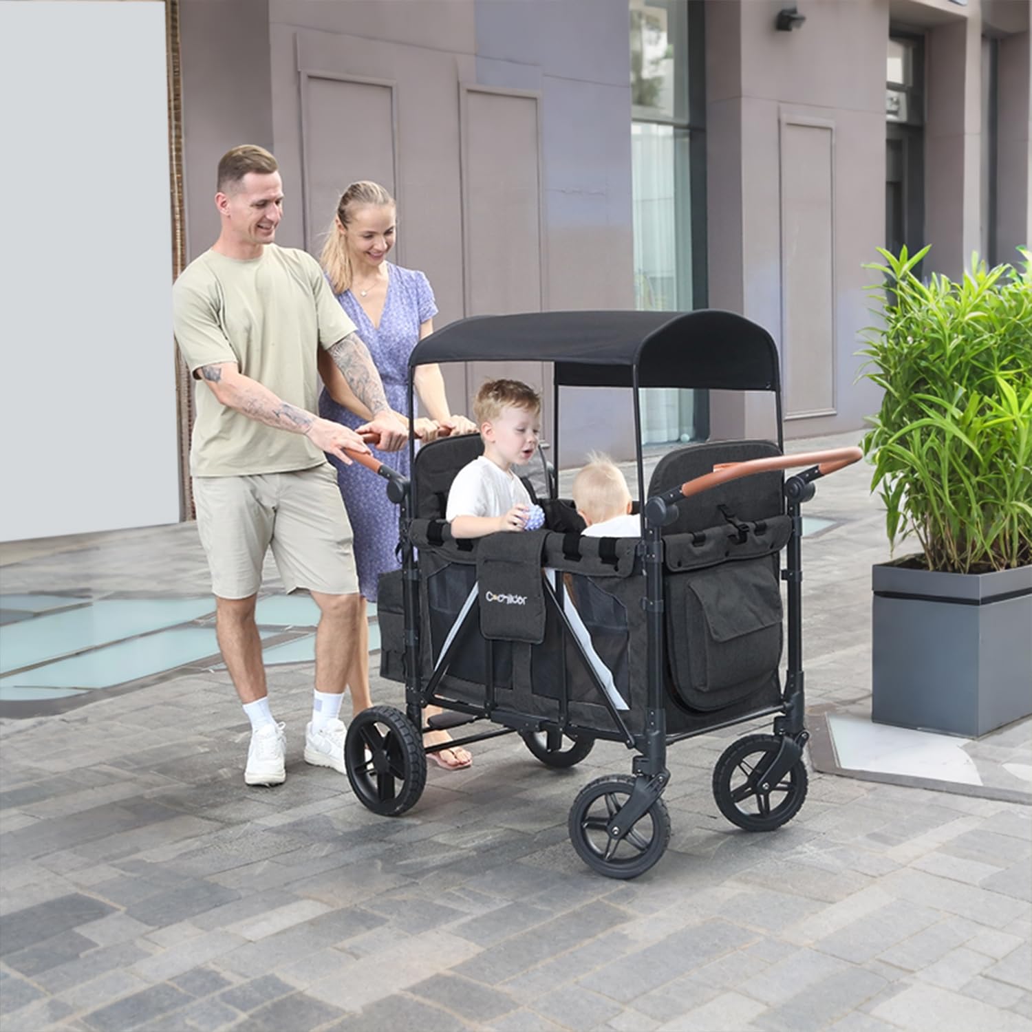 All-Terrain 4 Seater Wagon Stroller for Kids - Heavy-Duty 300lb Capacity, One-Hand Fold Design, High Seats with 5-Point Harness, Adjustable Canopy and Handlebars, Light Grey
