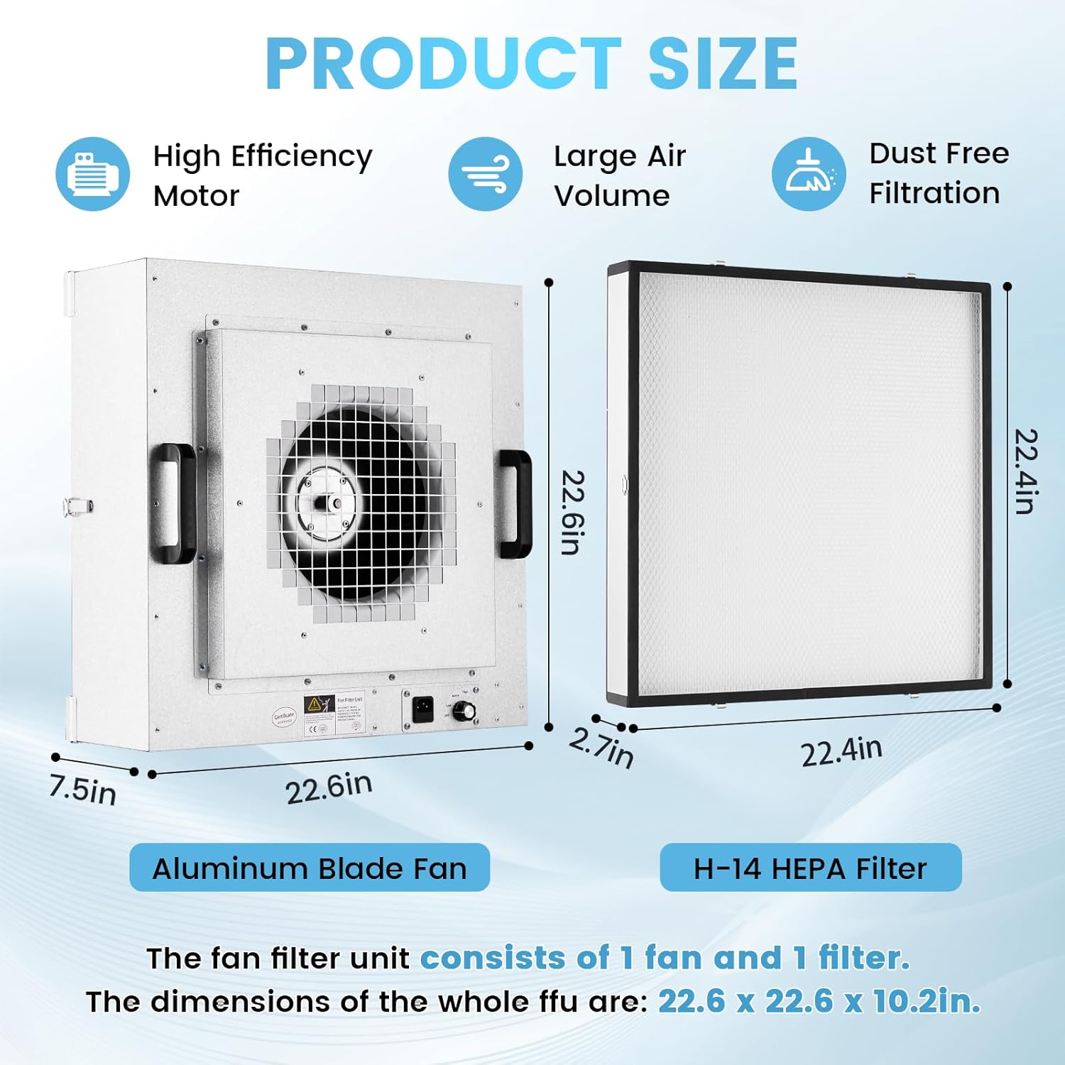 Laminar Flow Hood, H-14 HEPA Filter with Safety Locks, Class 100/ ISO Class 5 Cleanliness, Fan Filter Unit 22.6x22.6in Flow Hood Mycology/Clean Room/Laboratory 110V