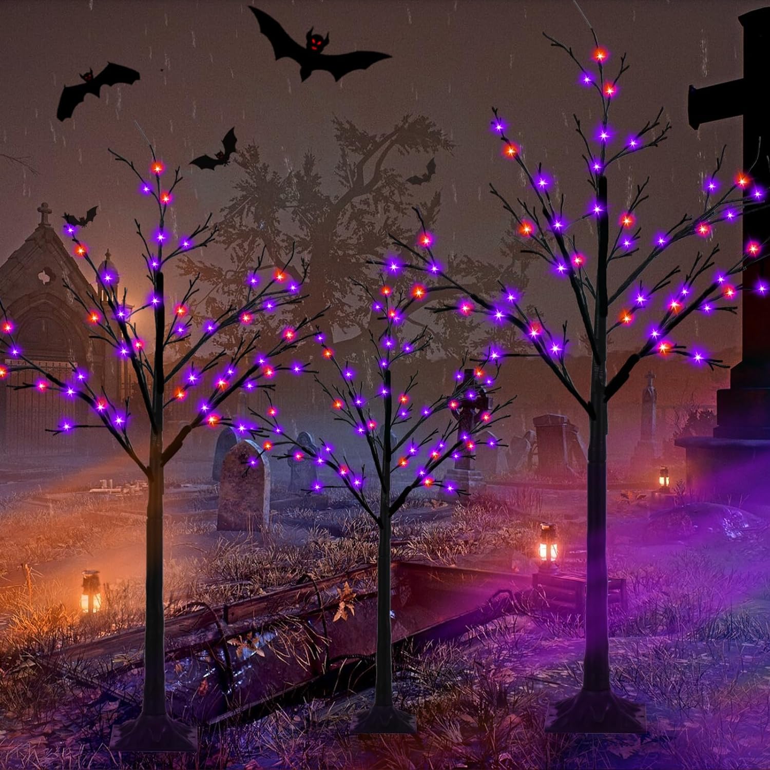2025 Set of 3 Glowing Black Halloween Trees with 96 LED Lights