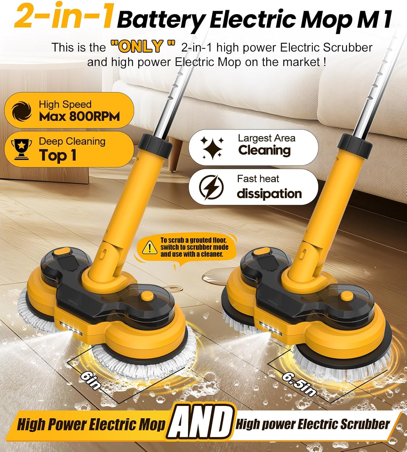 6000mAh Battery Electric Mop M1, 800RPM Cordless Electric Power Scrubber & Mops for Floor Cleaning, Best Automatic Spin Mops with Smart Display,Rotating Mop with LED Light & Water Spray-qimedo