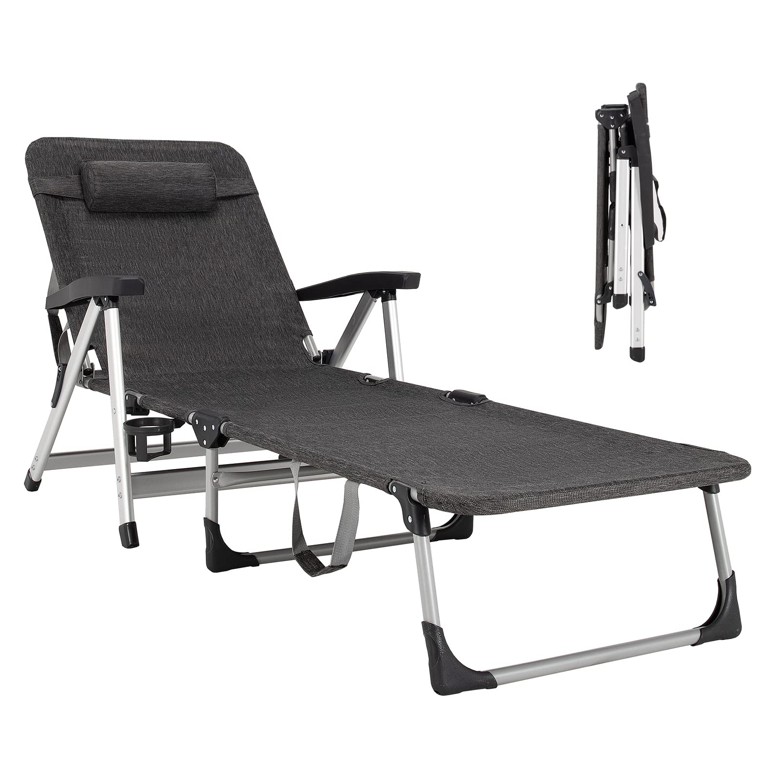 Chaise Lounge Chair, Folding Outdoor Patio Lounger with Cup Holder & Detachable Headrest