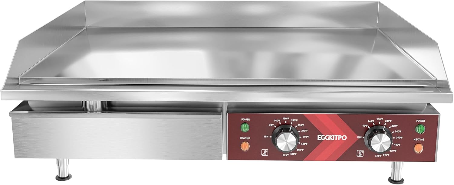 14 Inch Electric Griddle, Non-Stick Flat Top Grill Commercial Electric Countertop Griddles Stainless Steel Adjustable Temperature Control 90°F-575°F for Home or Restaurant Use