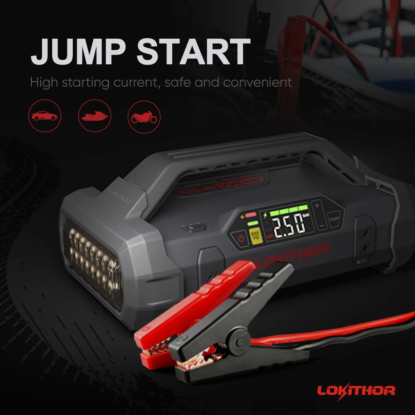 Jump Starter 2000Amp 20000mAh 12V Car Battery Booster Pack for Upto 8L Gas or 6L Diesel, 150 PSI Air Compressor with Damping Technology,Portable Power Bank with Handle Bar and Emergency Light