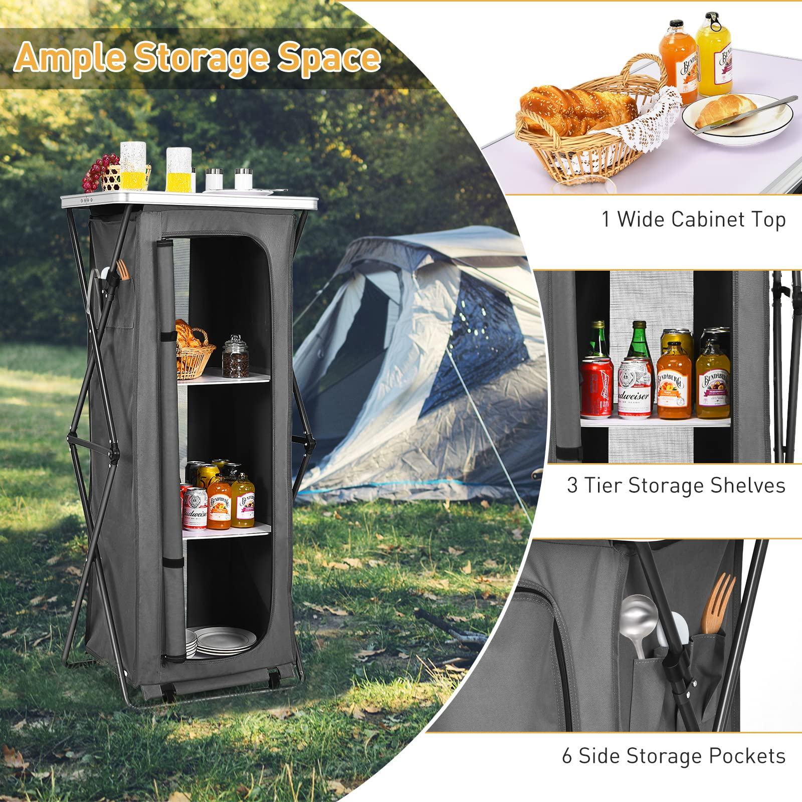 Folding Camping Storage Cabinet, Pop Up Outdoor Camping Kitchen Station with Large 3-Tier Storage Organizer