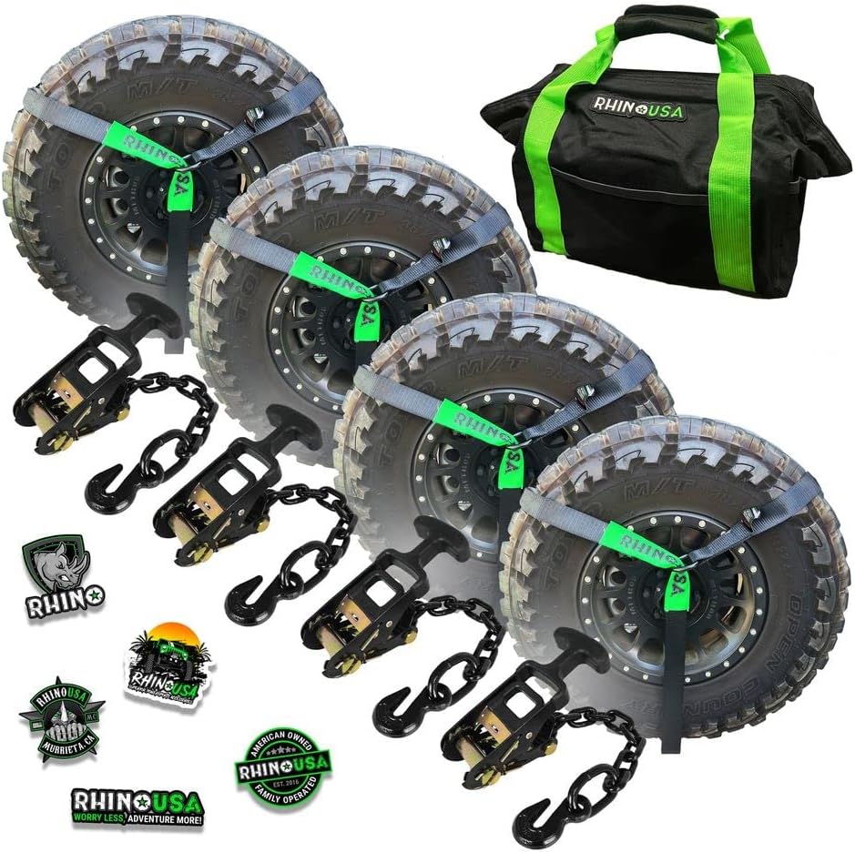 Car Tie Down Straps for Trailers with Flat Hooks (4-Pack) - 2 Inch x 8 Feet (10,000lb Break Strength) - Heavy Duty T-Handle Car Lasso Tire Straps for Trailer & UTV - Black