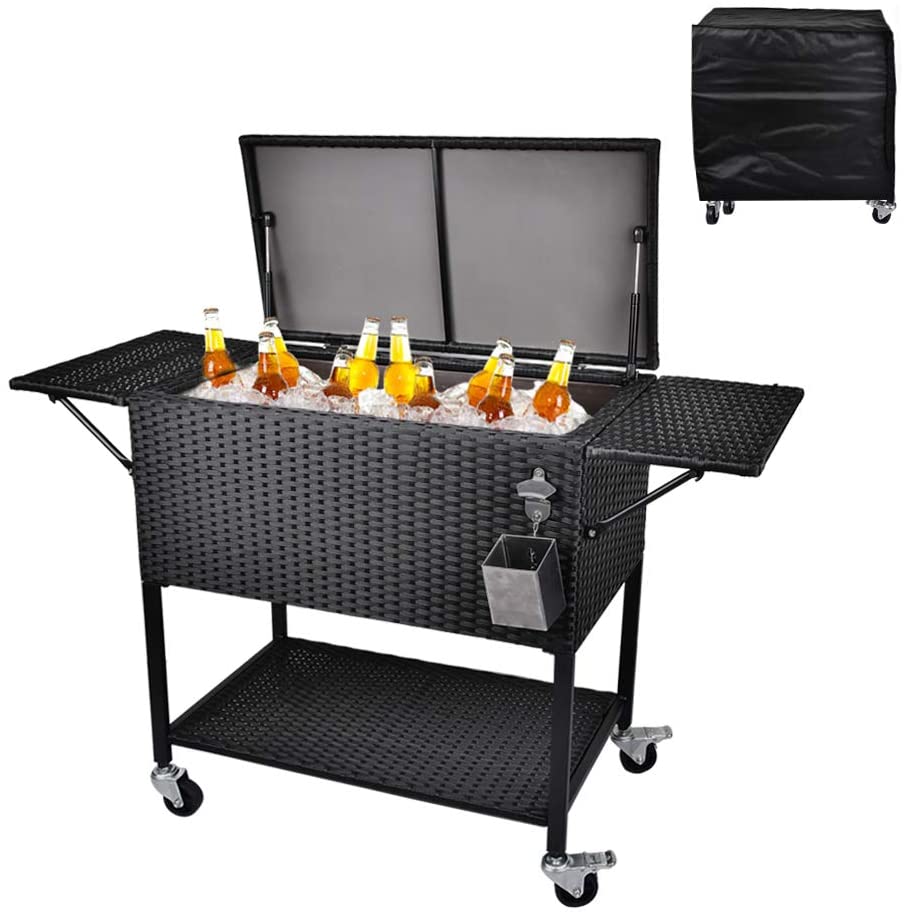 2025 80 Quart Rattan Rolling Cooler Cart, Portable Wicker Cooler Trolley, Backyard Party Drink Beverage Bar
