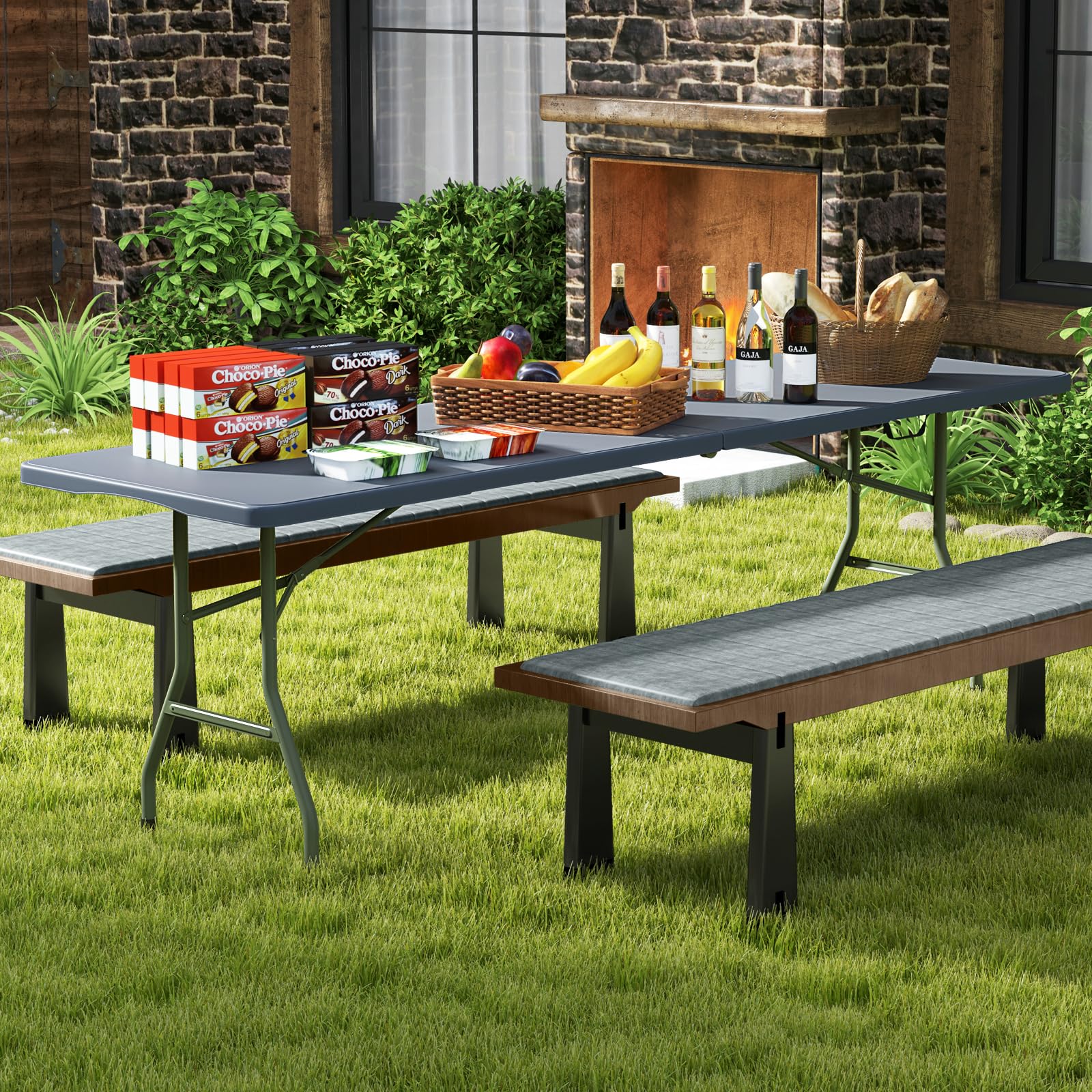 8ft Plastic Folding Table, 350 LBS Outdoor Heavy Duty Folding Tables with HDPE Tabletop, Handle