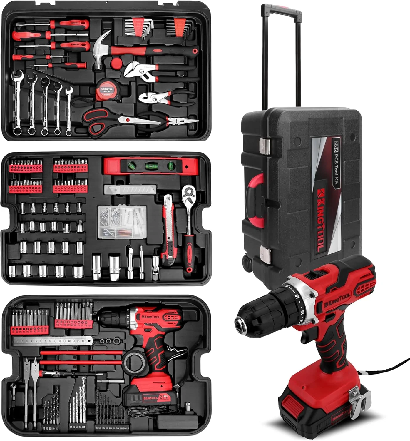 Home Tool Set Kit - 286 PCS Home Auto Repair Tool Kit with Rolling Tool Box, Mechanic Tool Sets with 21V Max Cordless Power drill, Perfect for Homeowner, Diyer, Handyman