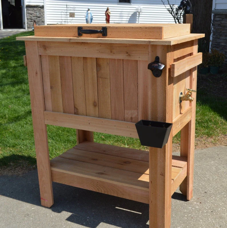 2025 All Weather 48 Quart Antiqued Cedar Cooler Stand with Brass Drain, Bottle Opener and Cap Catcher, Beer Cooler.