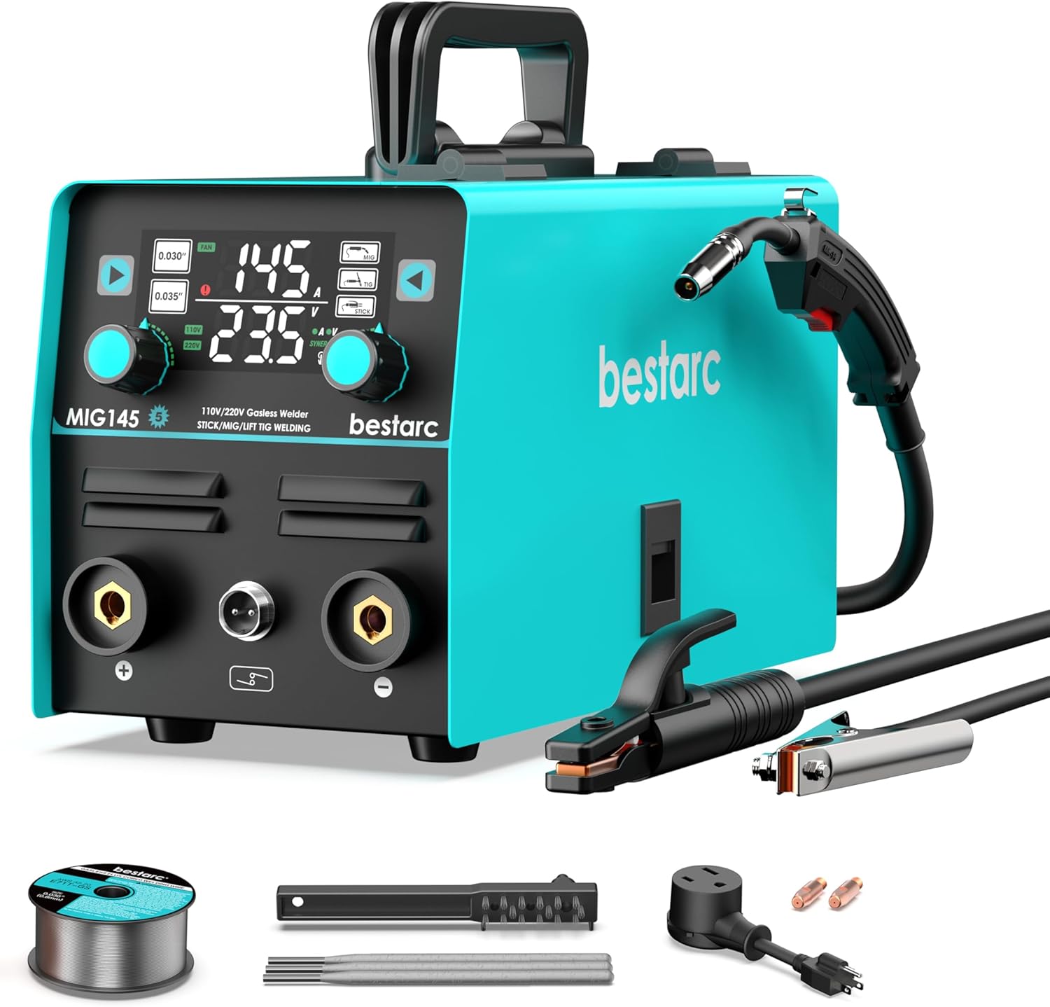 145A MIG Welder, 110V/220V Dual Voltage Gas/Gasless Flux Core MIG Welder/Lift TIG/Stick 3 in 1 Synergic MIG145 9GEN Welding Machine, Flux/Solid Welder Digital Screen Display