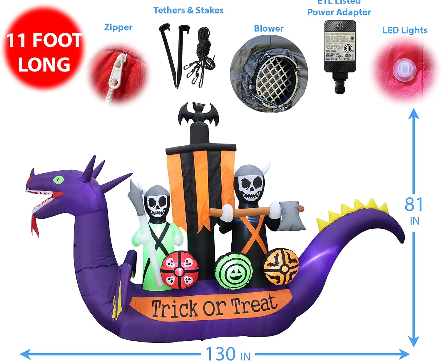 2025 11ft Long Halloween Inflatable Dragon Pirate Ship Skeleton Scene