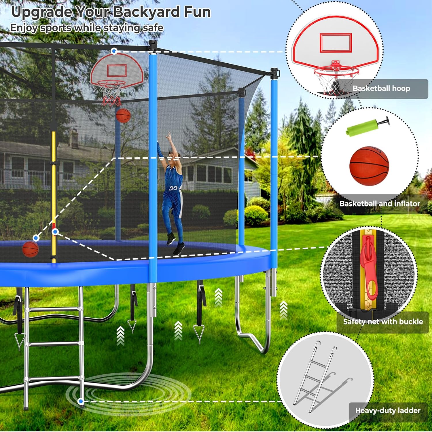 Upgraded 16Ft Trampoline with Basketball Hoop & Net