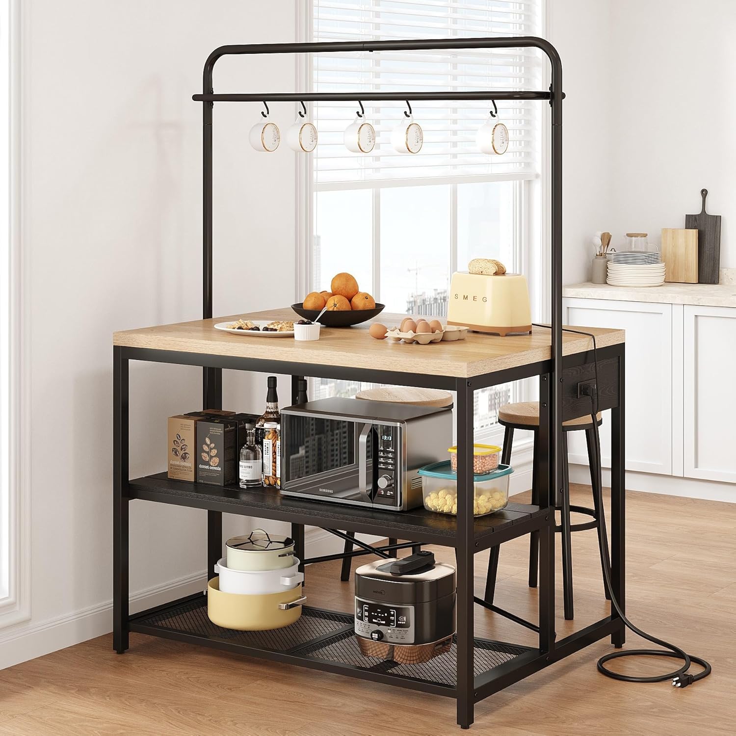 Kitchen Island, Kitchen Island with Storage, Bakers Rack, Island Table for Kitchen, Bakers Rack with Storage, Large Kitchen Island Table, Coffee Bar Table with Shelf,5 Racks,Pear Wood White