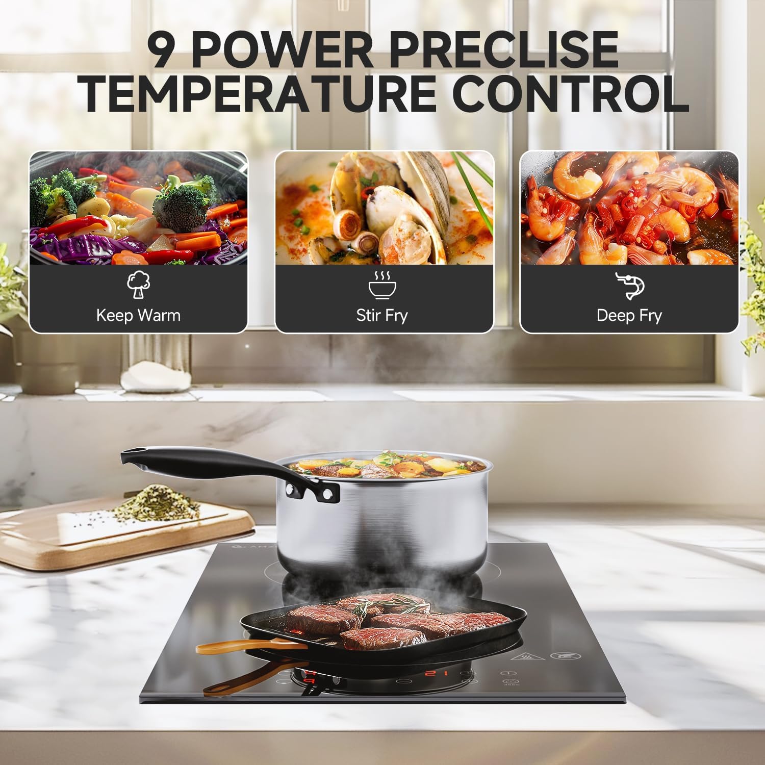 Induction Cooktop 2 Burners, 12 Inch Bulit-in & Countertop Induction Stove with Plug 110V-120V, 9 Power Levels Electric Stove 1800W, Child Lock, Timer, Touch Control for Fast Cooking