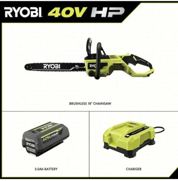 Ryobi 18′′ 40V Cordless Chainsaw Kit with Battery & Charger, Green