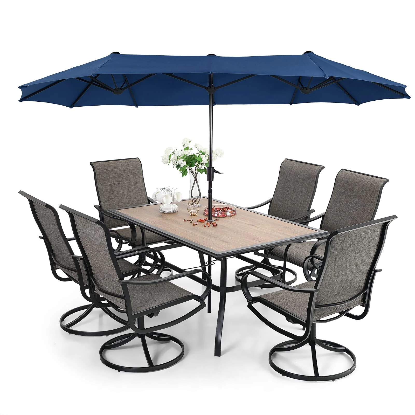 2025 8 Pieces Patio Dining Set with Umbrella,Outdoor Furniture Set with 6 Sling Dining Swivel Chairs