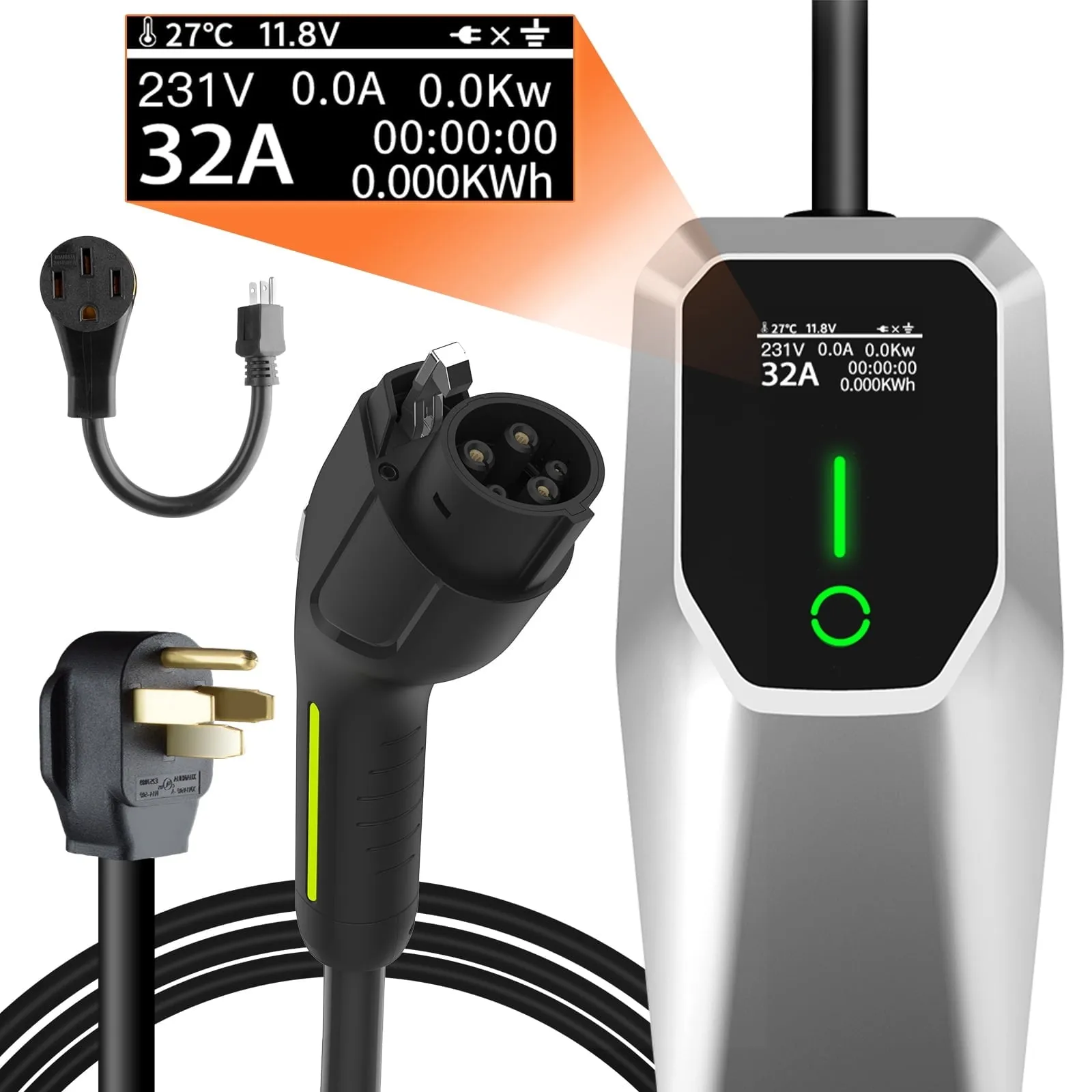 32 Amp Level 1&2 Portable EV Charger ,26FT Cable NEMA 14-50 Plug for Electric Car Home Charging Station 7.68KW