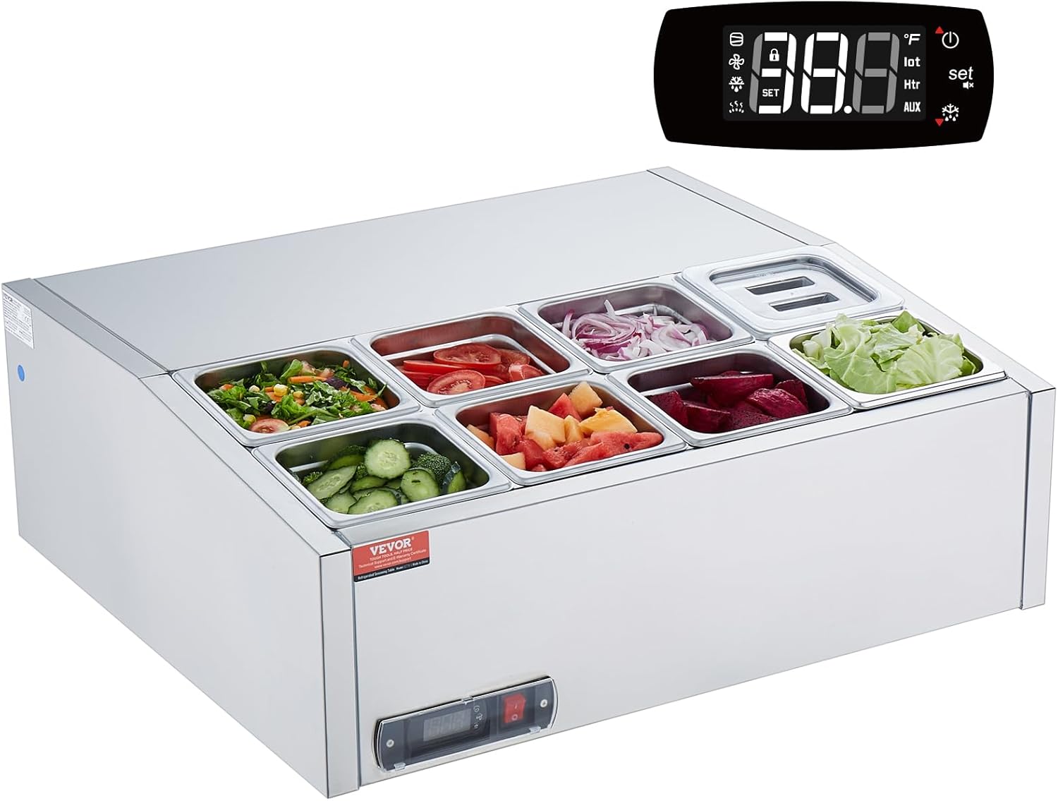 Refrigerated Condiment Prep Station, 135 W Countertop Refrigerated Condiment Station, with 2 1/3 Pans & 4 1/6 Pans, 304 Stainless Body and PC Lid, Sandwich Prep Table with Stainless Guard, ETL