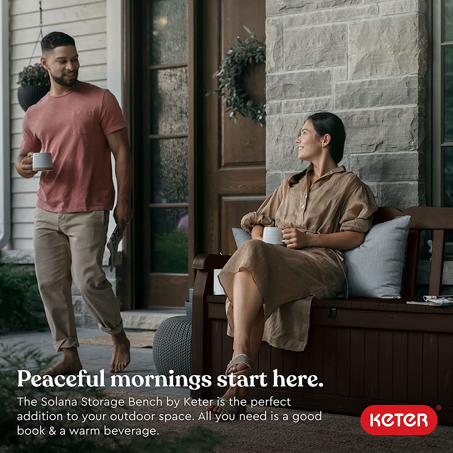 2025 Keter Solana 70 Gallon Storage Bench Deck Box for Patio Furniture, Front Porch Decor and Outdoor Seating – Perfect to Store Garden Tools and Pool Toys, Brown