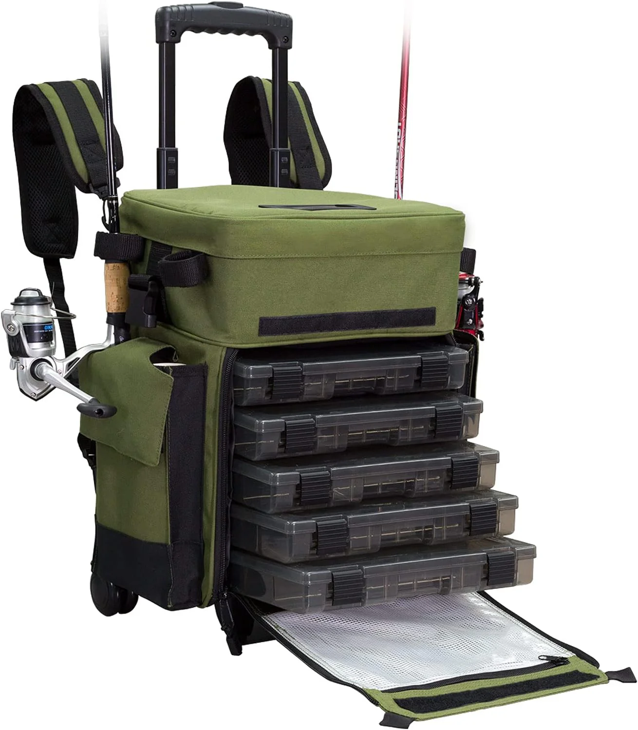 2025 Elkton Outdoors Rolling Tackle Box with Wheels - Waterproof Rolling Fishing Backpack, 5 Removable Tackle Trays, 4 Rod Holders, Fishing Gifts for Men, Fish Tackle Bag, Roller Tackle Box
