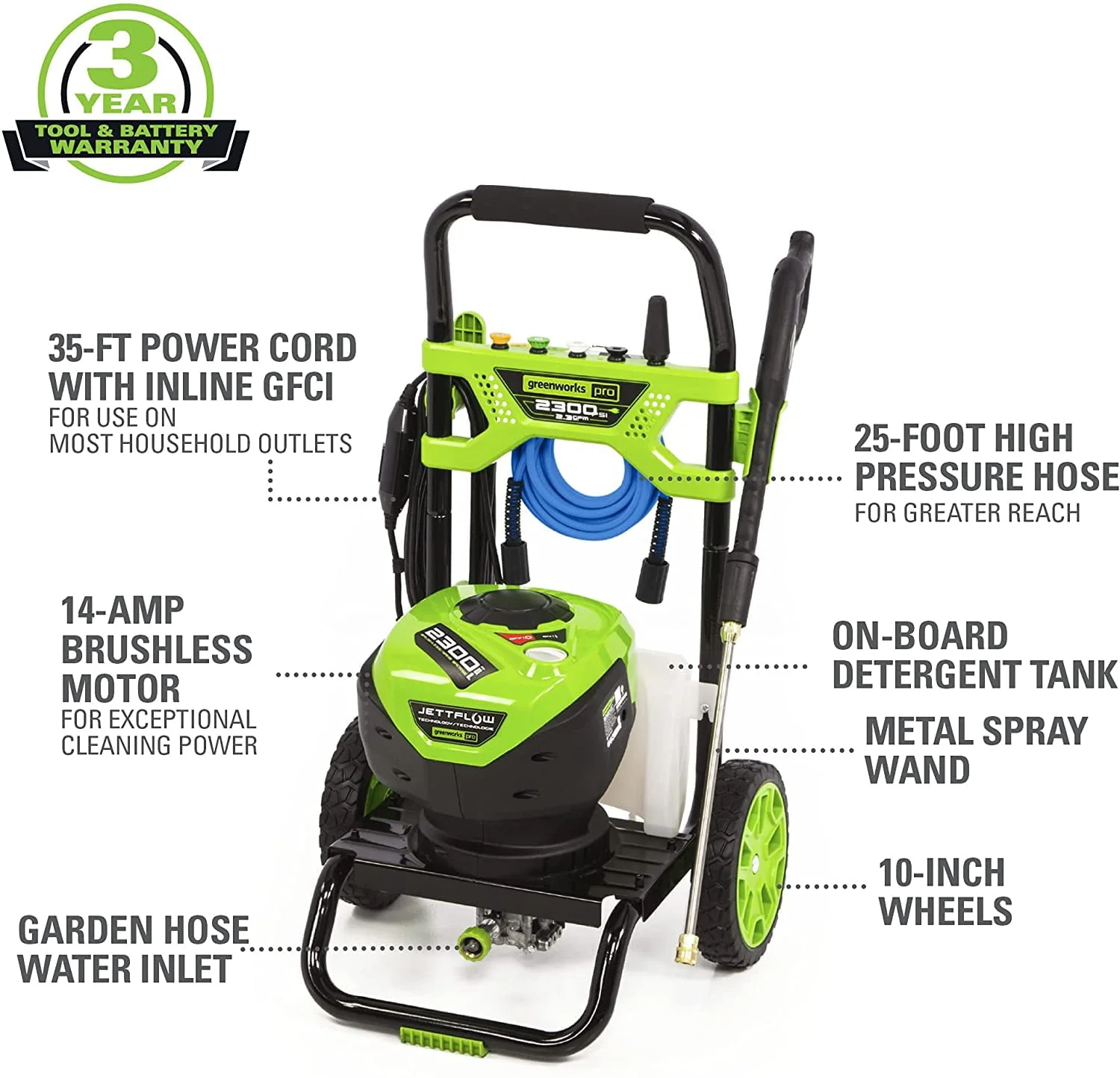 2025 Greenworks 2300-PSI 14 Amp 2.3-GPM Brushless Pressure Washer GPW2300 5118002VT