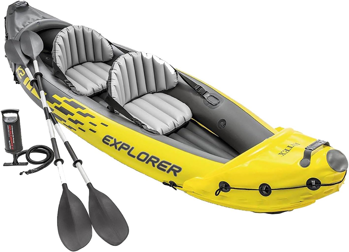 Intex 68307EP Explorer K2 Inflatable Kayak Set: Includes Deluxe 86in Aluminum Oars and High-Output Pump – SuperStrong PVC – Adjustable Seats with Backrest – 2-Person – 400lb Weight Capacity