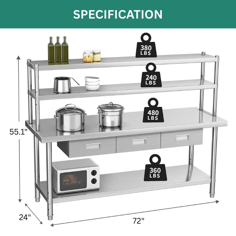 Stainless Steel Table with Overshelves & Drawers, 72